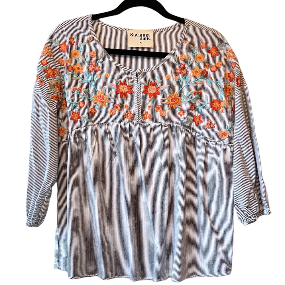 Savanna Jane Blouse Medium Blue White Stripes Flower Embroidery 3/4 Sleeves